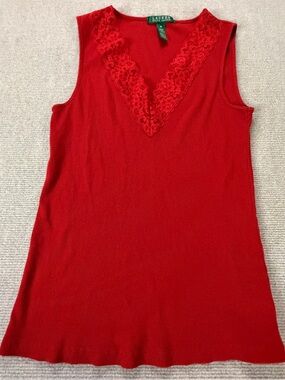 Lauren Ralph Lauren Red Rib Knit Lace Trim Tank Top Medium